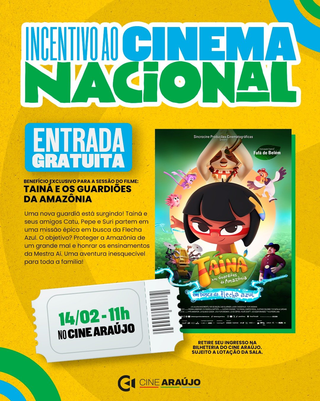 CINE MULTIPLEX DO RIOPRETO SHOPPING CELEBRA O CINEMA BRASILEIRO COM SESSÃO GRATUITA DO FILME TAINÁ E OS GUARDIÕES DA AMAZÔNIA