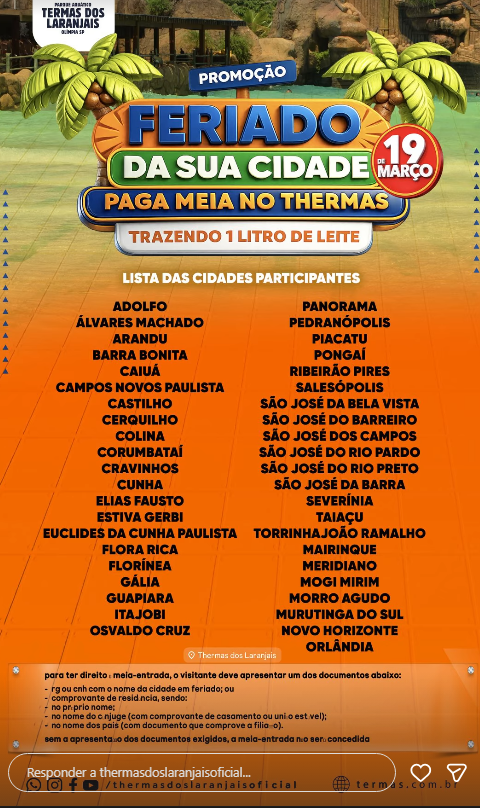 Termas dos Laranjais oferece meia-entrada no feriado de 19 de março