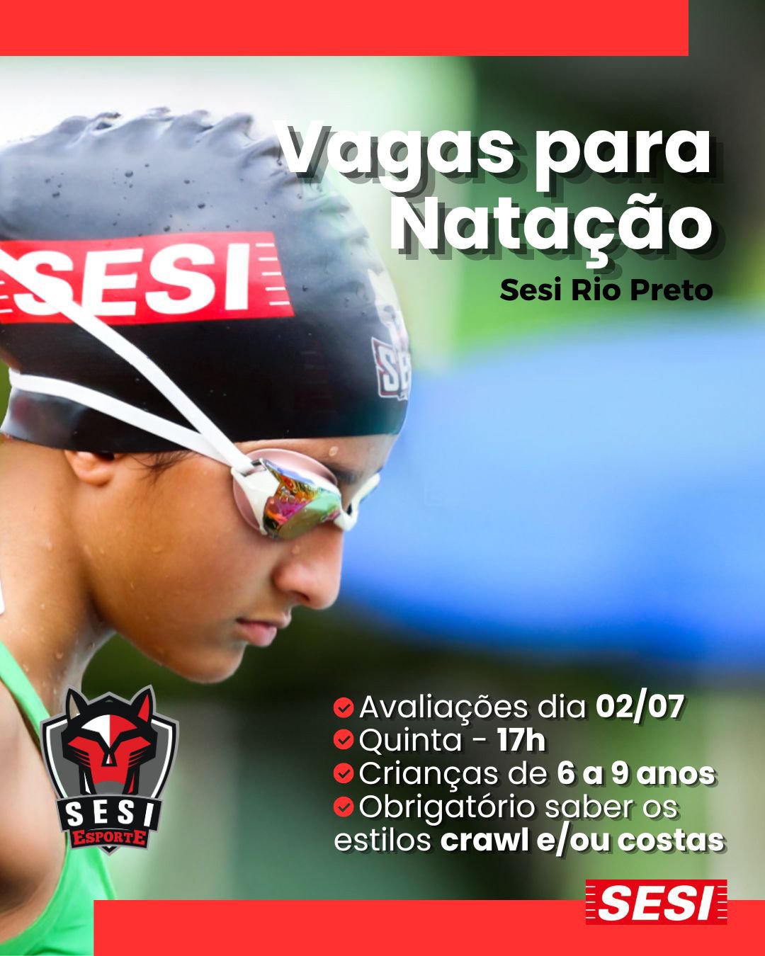 Sesi Rio Preto abre vagas para crianças que queiram treinar natação