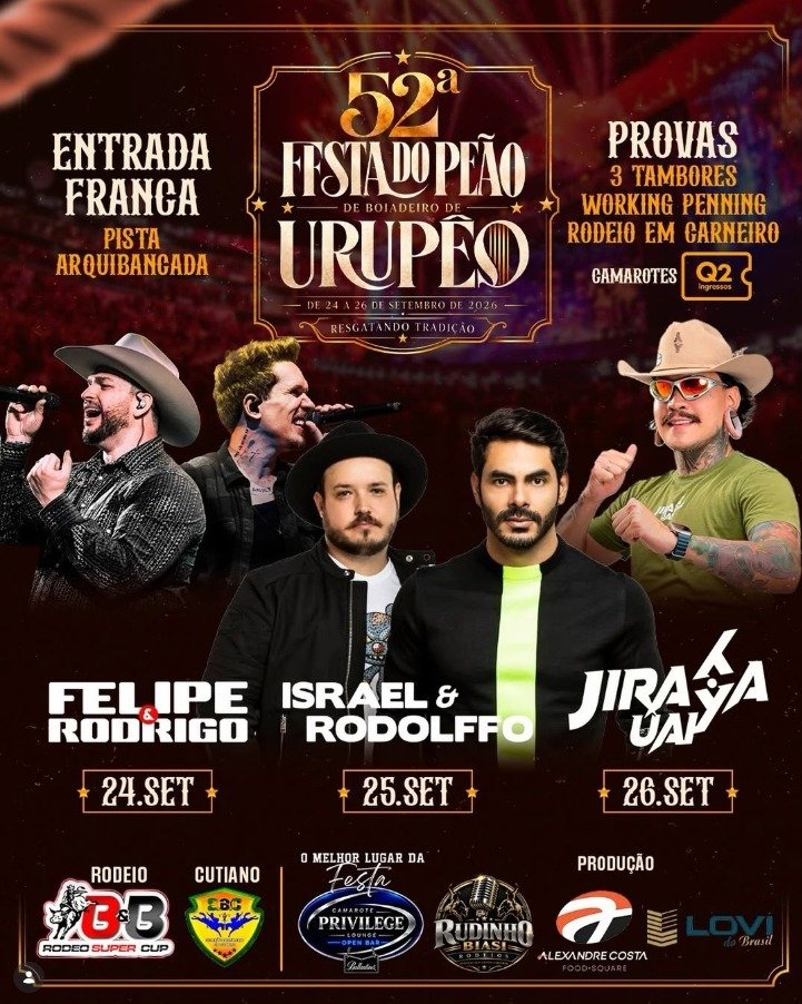 Do sertanejo ao eletrofunk: Festa do Peão de Urupês prepara três noites de shows